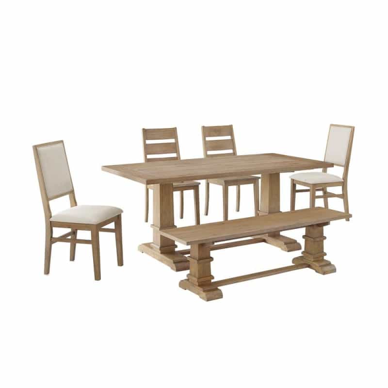 6-Piece Dining Table Set For 7, Table, Bench, 2 Ladder-Back Chairs, 2 Arm Chairs