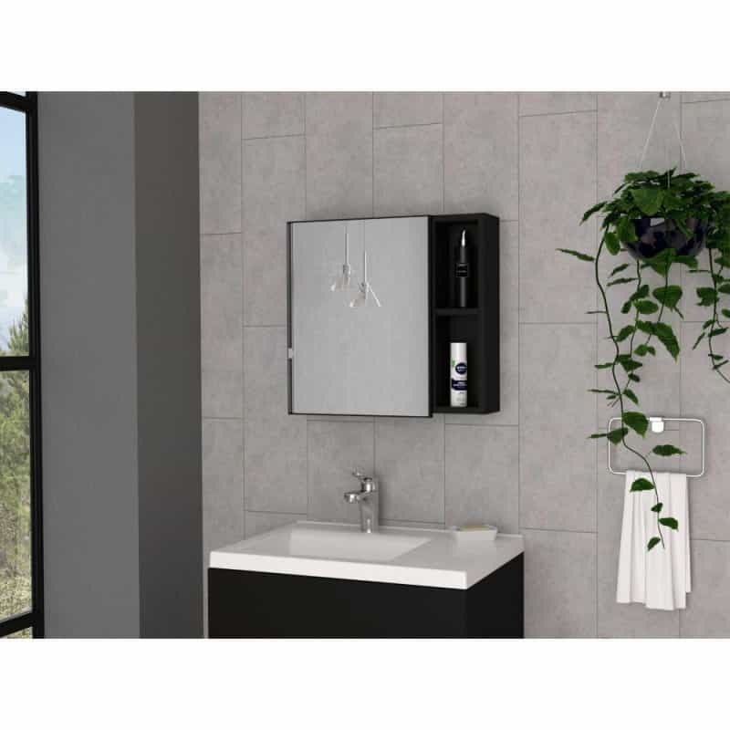 Depot E-Shop Kazan Medicine Cabinet, Mirror, One-Door Cabinet, Two External Shelves, Three Internal Shelves-Black, For Living Room
