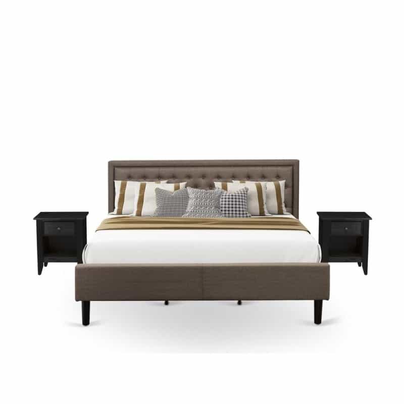 Kd18k-2Ga06 3 Piece Bedroom Set - King Size Bed Brown Headboard With 2 Wooden Night Stand - Black Finish Legs