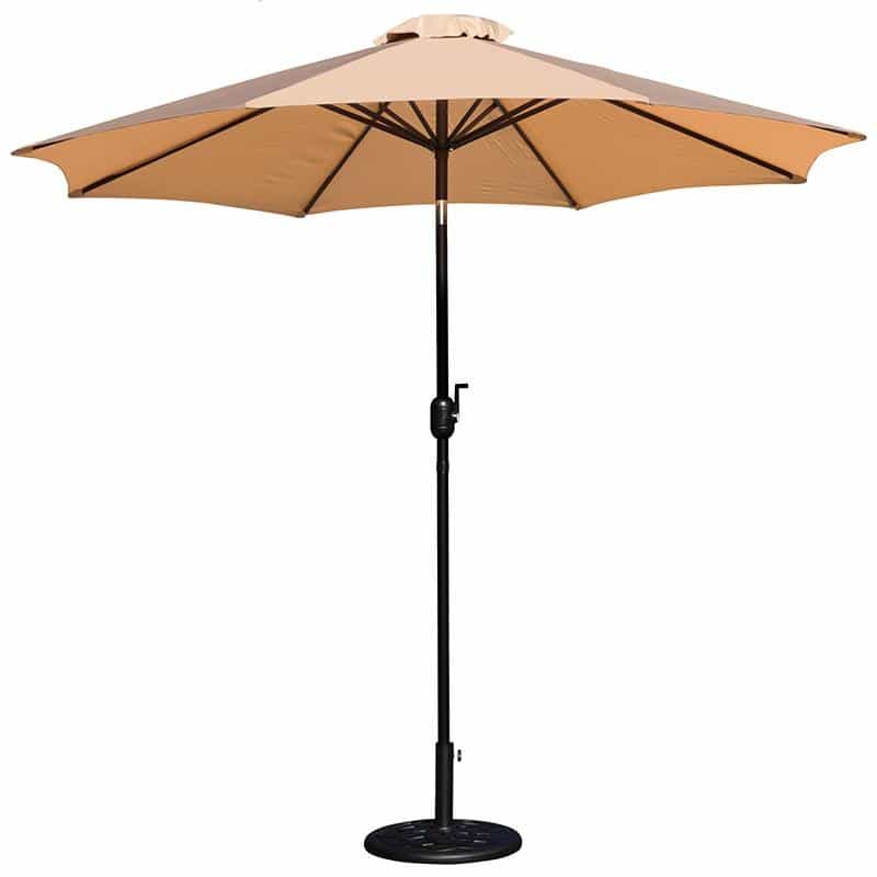 Tan 9 Ft Round Umbrella With Crank And Tilt Function And Standing Umbrella Base