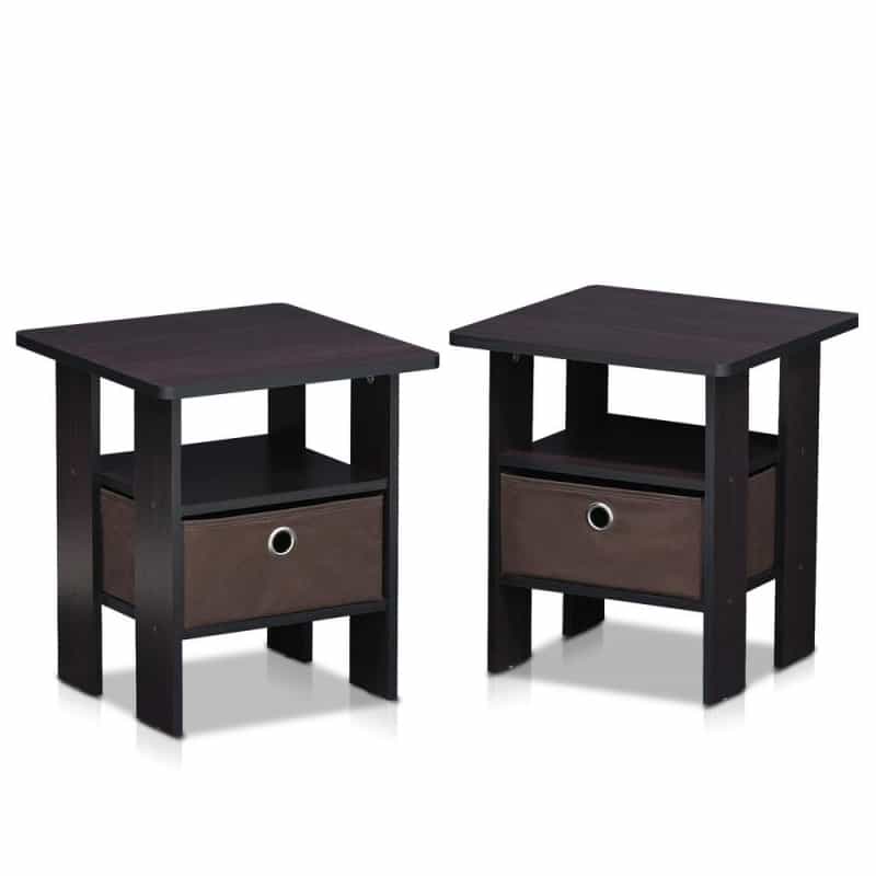 Furinno Andrey End Table Nightstand With Bin Drawer Set Of 2, Dark Walnut, 2-11157Dwn