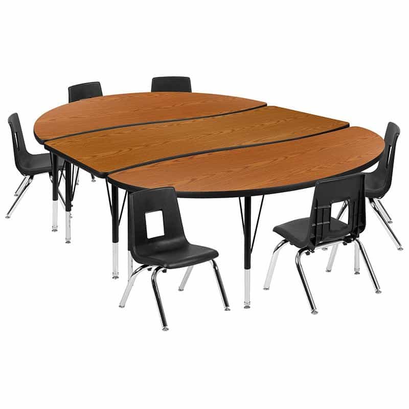 86" Oval Wave Activity Table Set With 12" Student Stack Chairs, Oak/Black