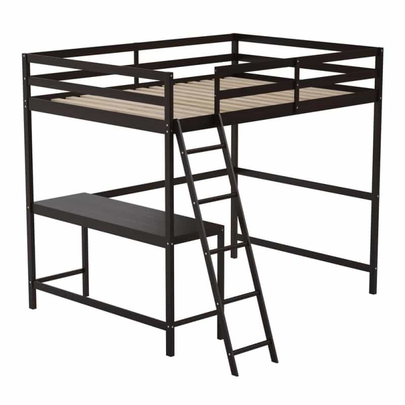 Loft Bed Frame With Desk, Full Size With Protective Guard Rails - Espresso
