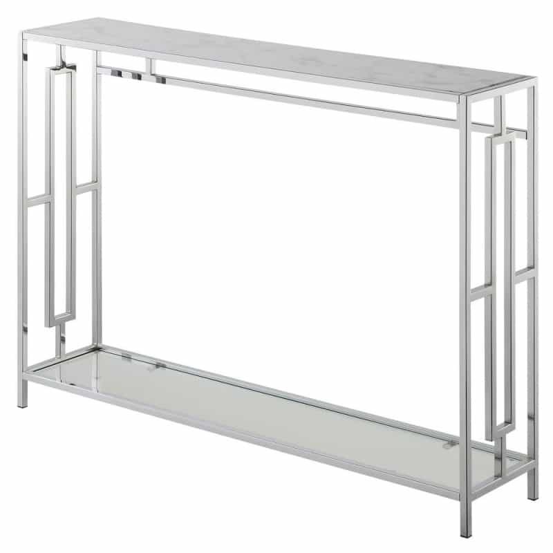 Town Square Chrome Console Table With Shelf White Faux Marble/Chrome