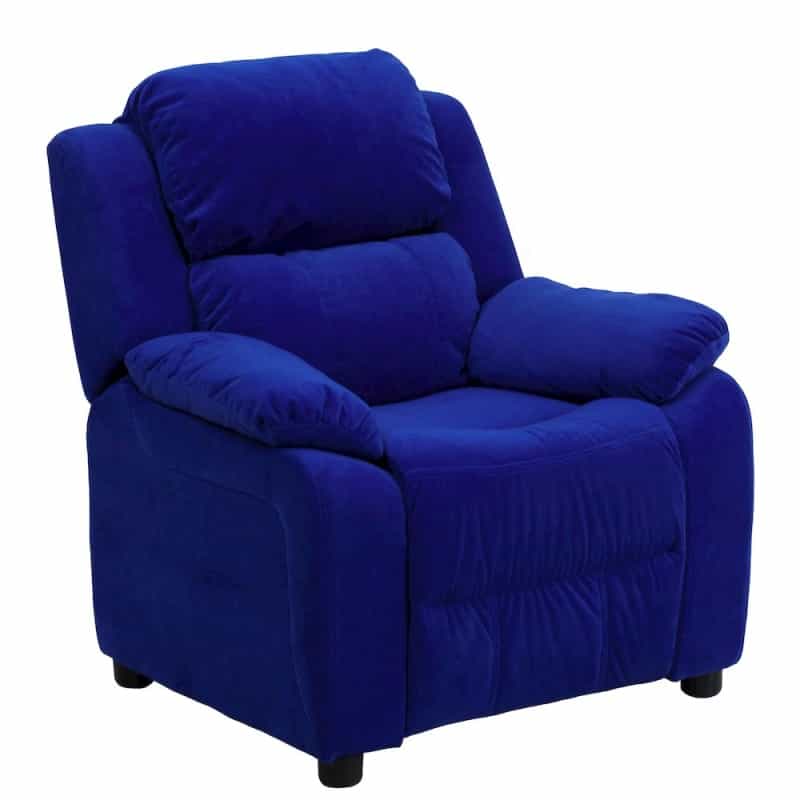 Deluxe Padded Contemporary Blue Microfiber Kids Recliner With Storage Arms