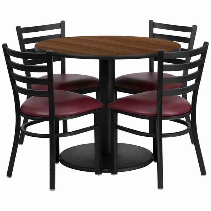 36'' Walnut Table Set With Base And 4 Metal Chairs - Burgundy Vinyl Seat