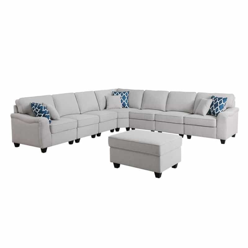 Leo Light Gray Linen 8Pc Modular L-Shape Sectional Sofa And Ottoman