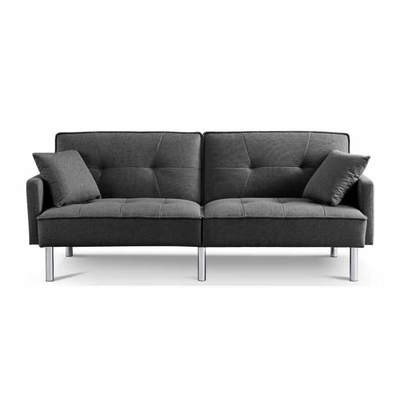Tufted Futon Convertible Sofa Sleeper With Two Throw Pillows