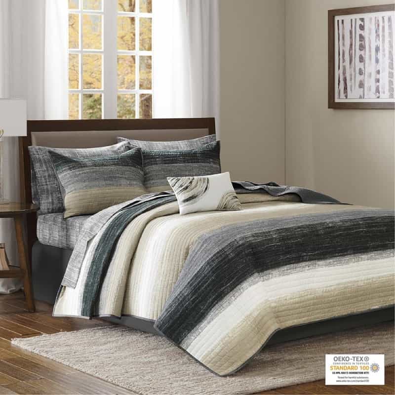 Saben 8 Piece Quilt Set With Cotton Bed Sheets, Taupe Color