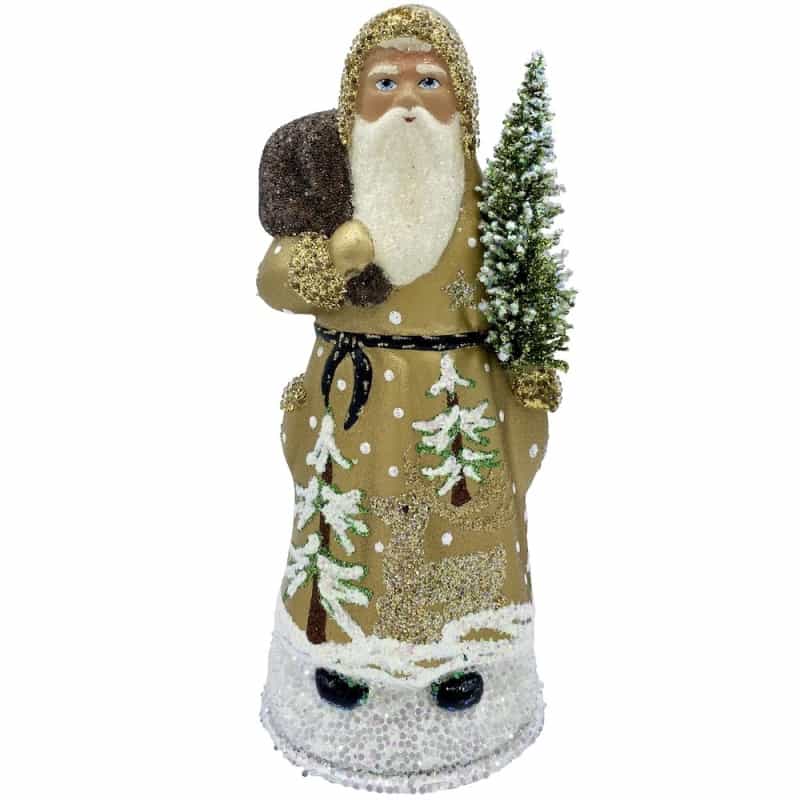 Paper Mache Candy Container -Santa With Tree And Gold Coat