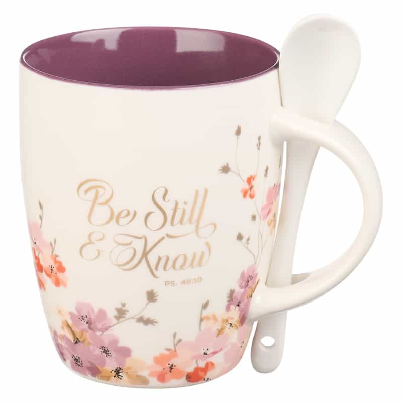 Mug With Spoon White/Purple Floral Be Still Ps. 46:10