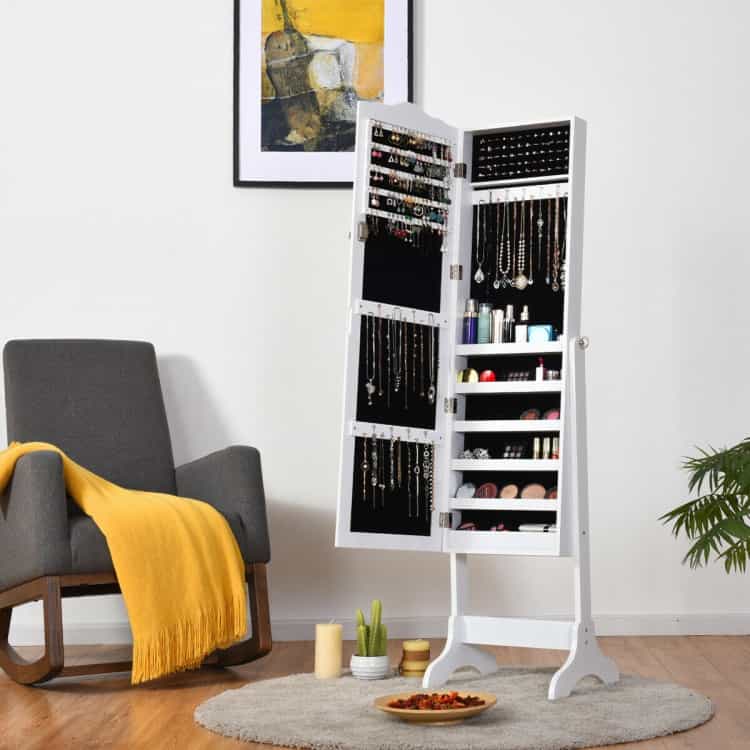 4-Angle Tilting Mirrored Lockable Jewelry Cabinet With Large Storage Capacity-White