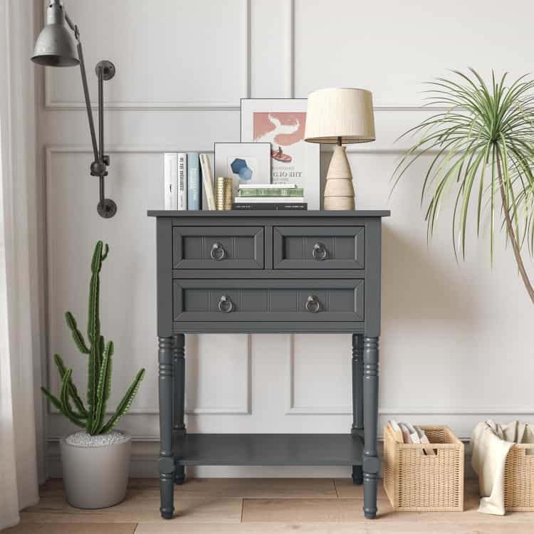 Narrow Console Table With 3 Storage Drawers And Open Bottom Shelf-Gray