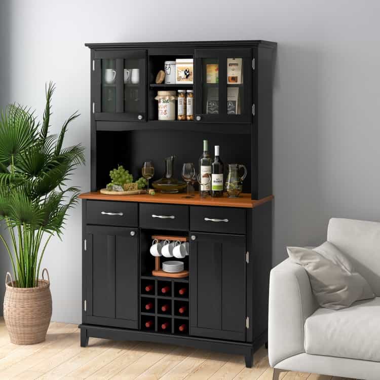 Kitchen Storage Cabinet Cupboard With Wine Rack And Drawers-Black