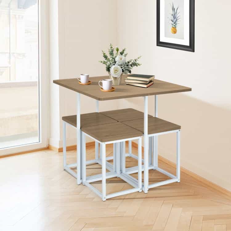 5 Pieces Metal Frame Dining Set With Compact Dining Table And 4 Stools-Natural