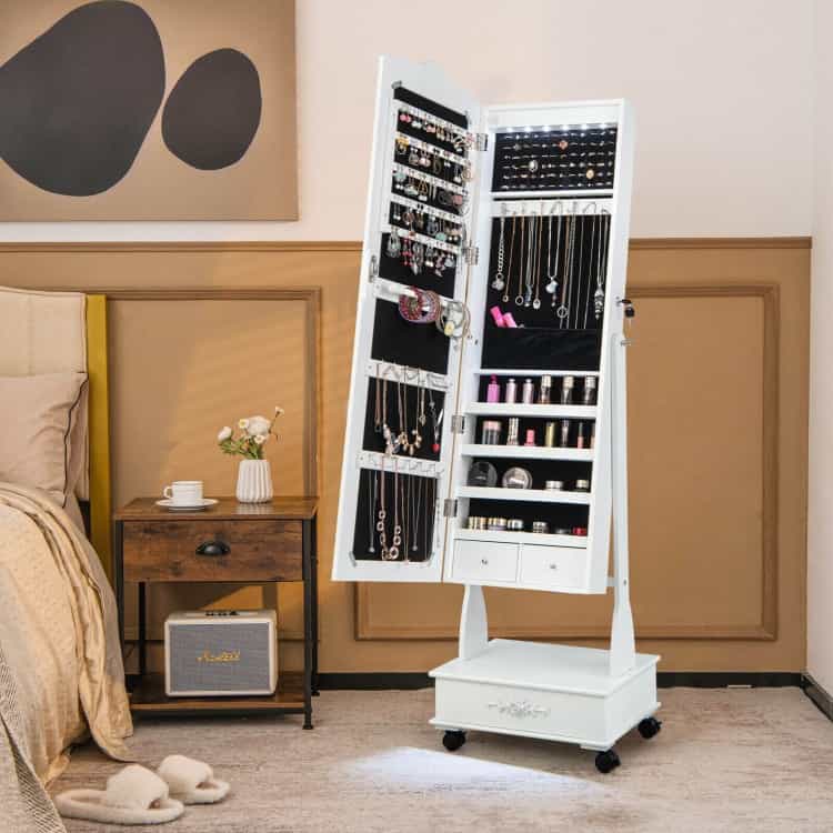 Rolling Floor Standing Mirrored Jewelry Armoire With Lock And Drawers-White