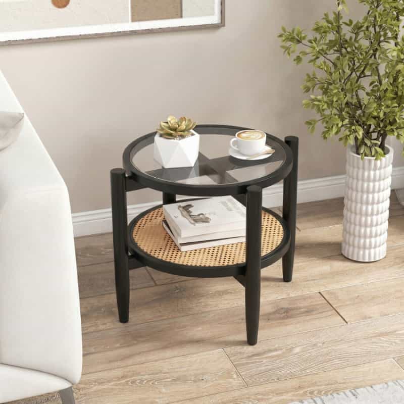 Rattan Round Side End Table With Tempered Glass Tabletop-Black
