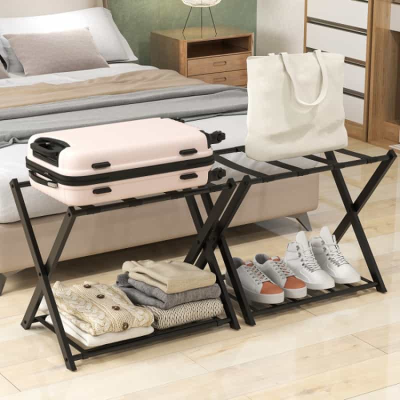 Set Of 2 Folding Metal Luggage Rack Suitcase-Black