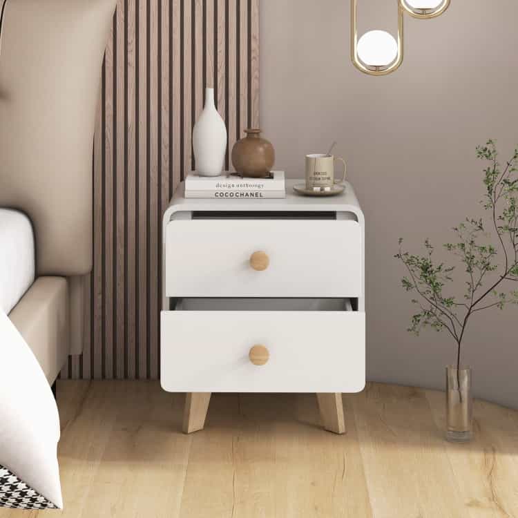 Nightstand With 2 Drawers Solid Rubber Wood Legs-White