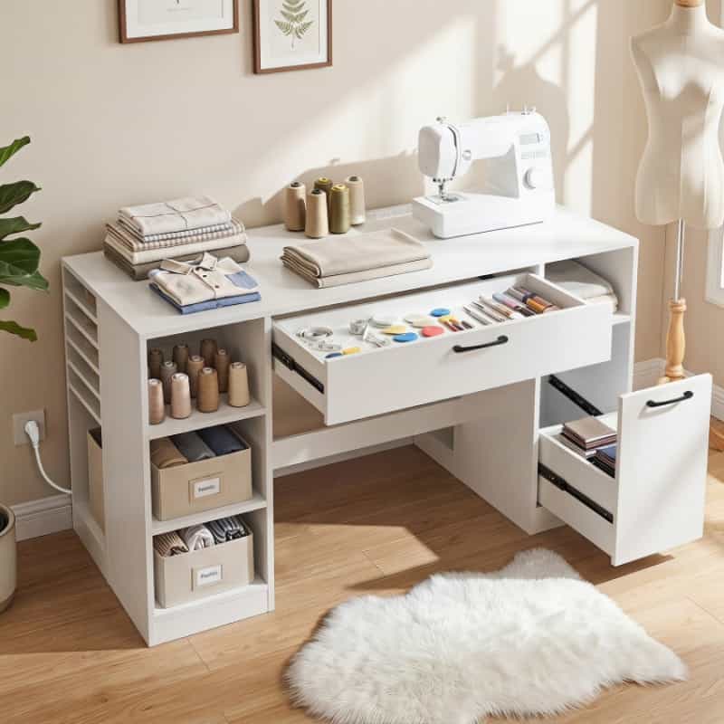 Sewing Table With Power Outlets Craft Station Desk With 2 Drawers Open Compartments-White