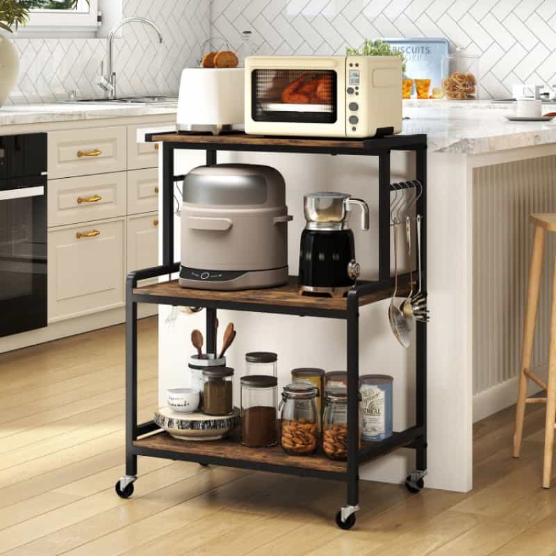 3-Tier Rolling Microwave Cart With Power Outlet And Lockable Wheels And 10 Hooks-Rustic Brown