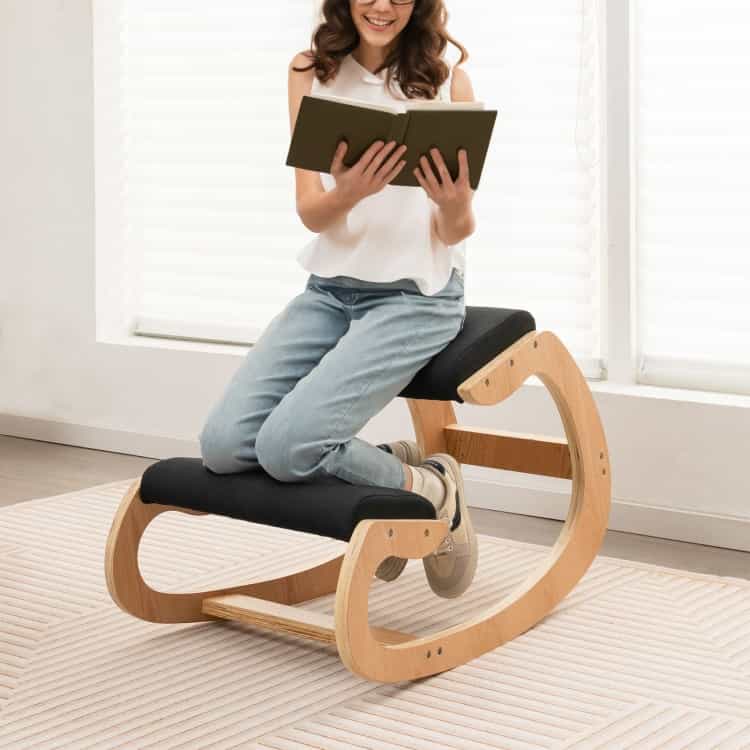 Wooden Rocking Chair With Comfortable Padded Seat Cushion And Knee Support-Black
