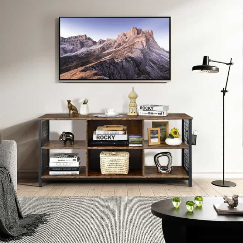 Mid-Century Wooden Tv Stand With Storage Basket For Tvs Up To 65 Inch-Rustic Brown