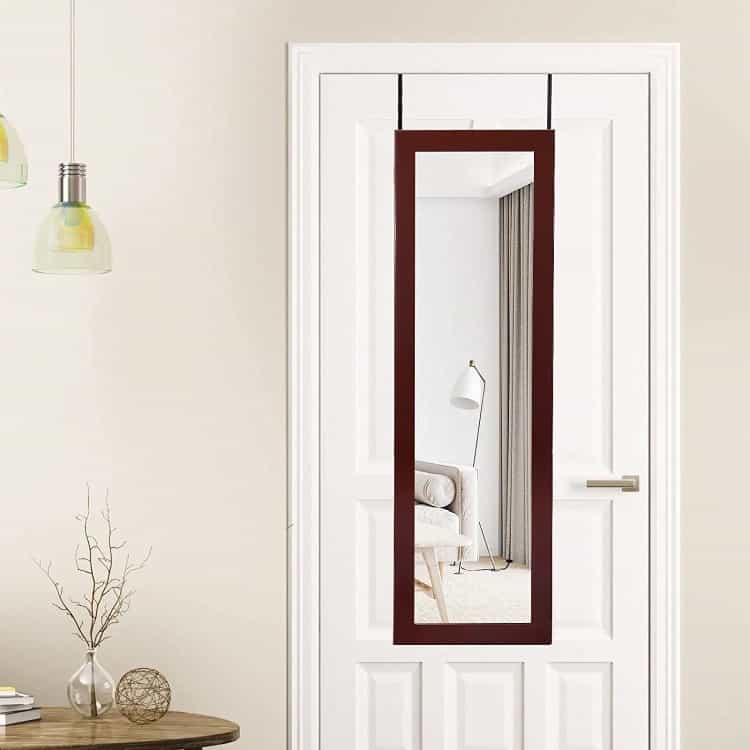 Lockable Wall Door Mounted Mirror Jewelry Cabinet W/Led Lights-Brown