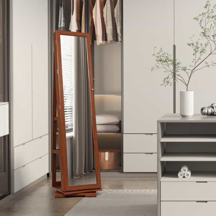 360° Rotatable 2-In-1 Lockable Jewelry Cabinet With Full-Length Mirror-Brown