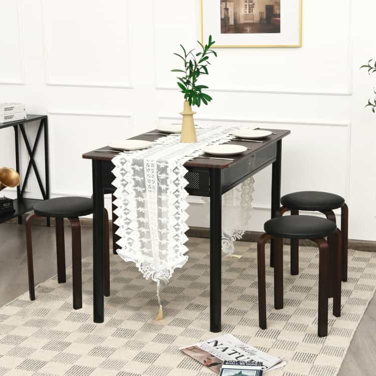 Set Of 4 Bentwood Round Stool Stackable Dining Chairs With Padded Seat-Black
