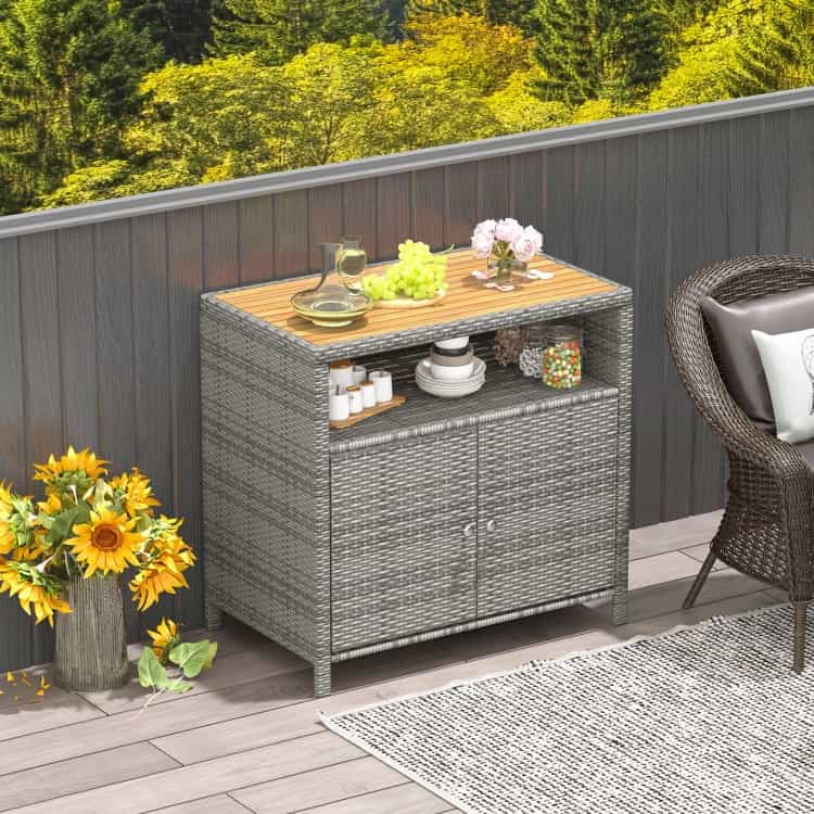 Rattan Storage Cabinet With Acacia Wood Countertop For Poolside Deck And Patio-Gray