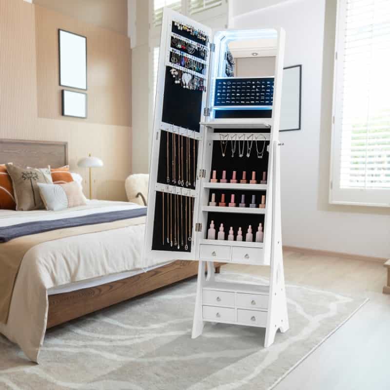 Freestanding Full Length Led Mirrored Jewelry Armoire With 6 Drawers-White