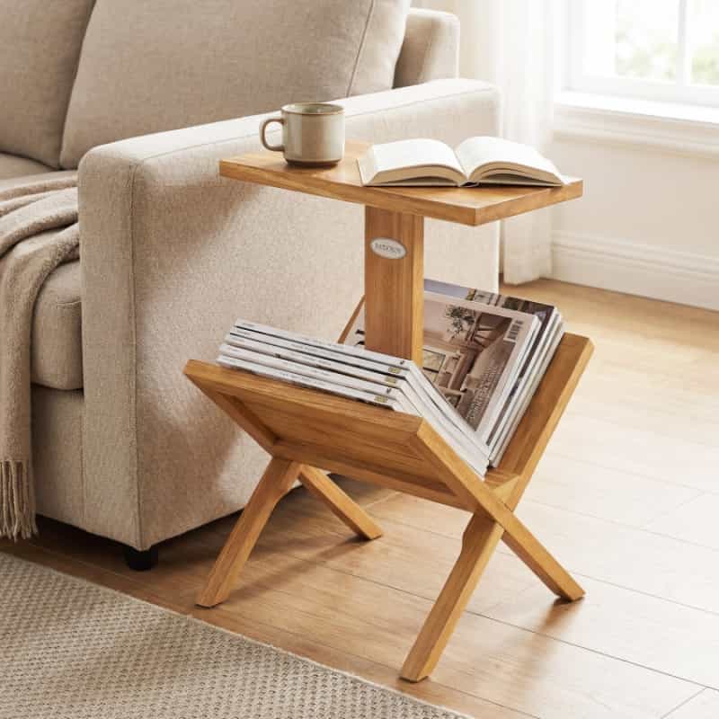 2-Tier Side Table Magazine Rack With Teak Wood Frame