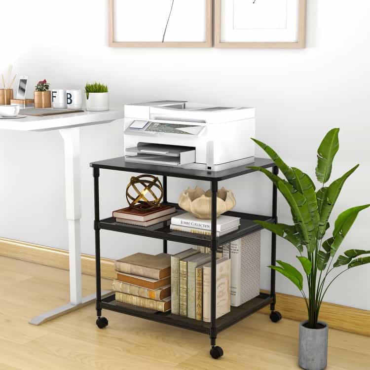 3 Tier Printer Stand Rolling Fax Cart With Adjustable Shelf And Swivel Wheels-Black