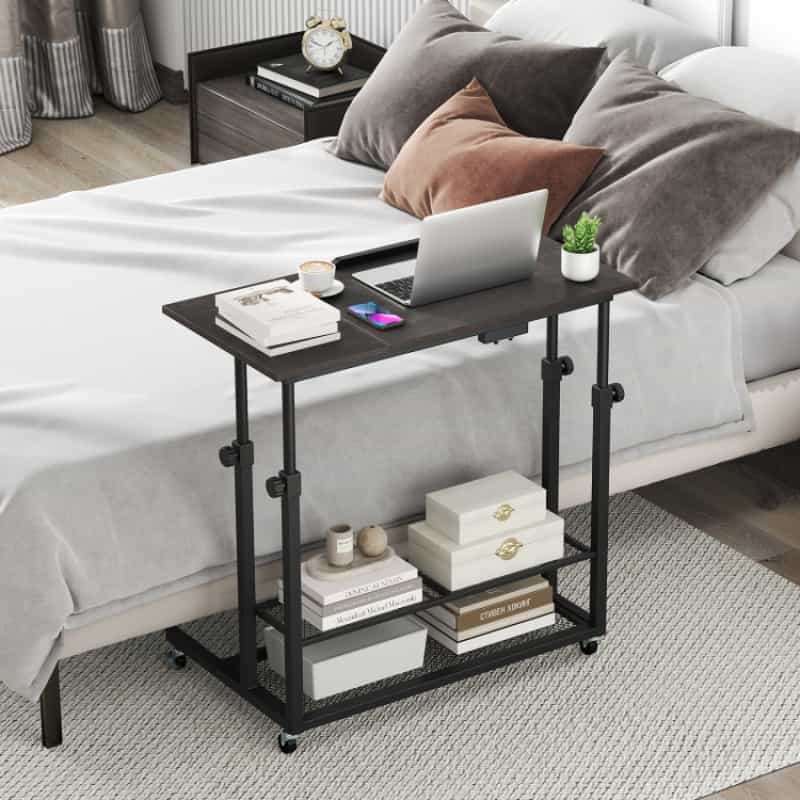 Mobile Stand Up Desk Height Adjustable Standing Table With Tilting Tabletop-Oak