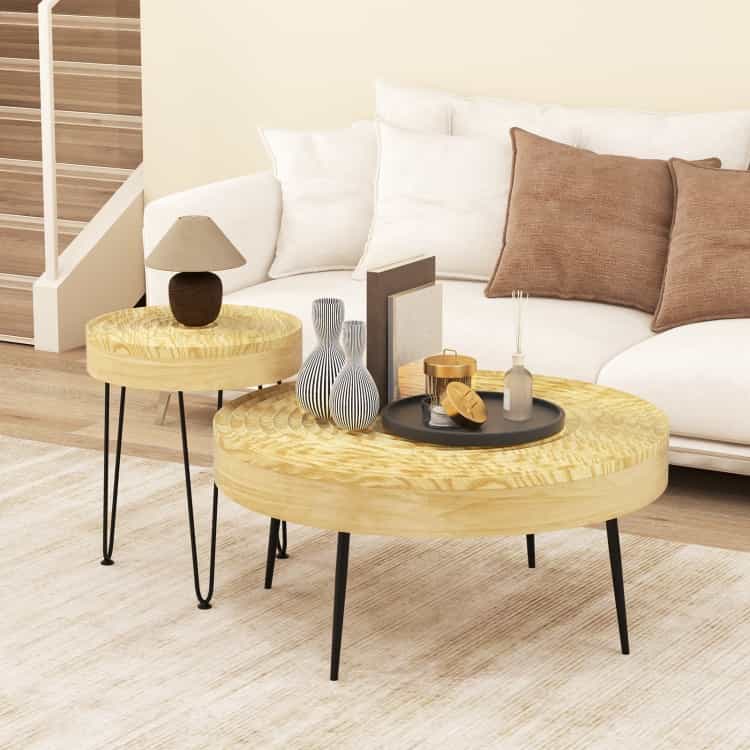 Set Of 2 Solid Wood Farmhouse Round Coffee Tables-Natural