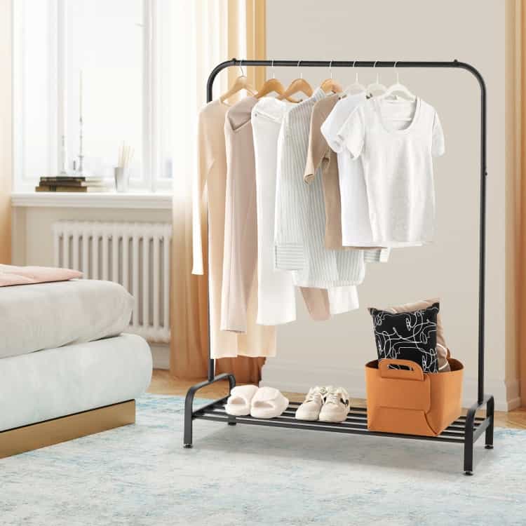 Heavy Duty Clothes Stand Rack With Top Rod And Lower Storage Shelf