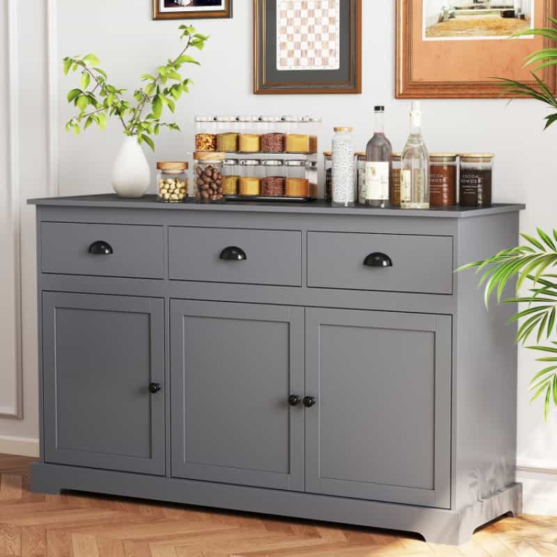 3 Drawers Sideboard Buffet Storage With Adjustable Shelves-Gray