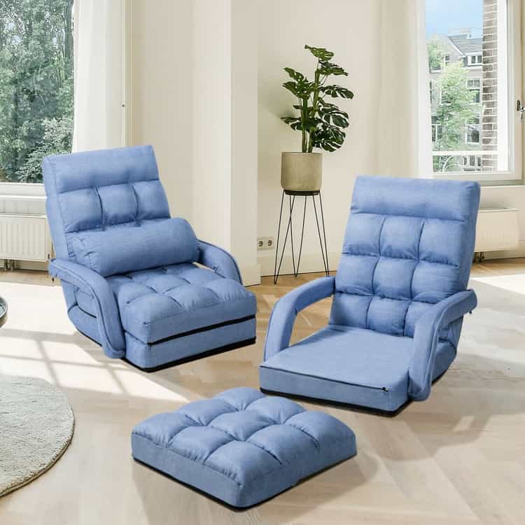 Folding Lazy Floor Chair Sofa With Armrests And Pillow-Blue