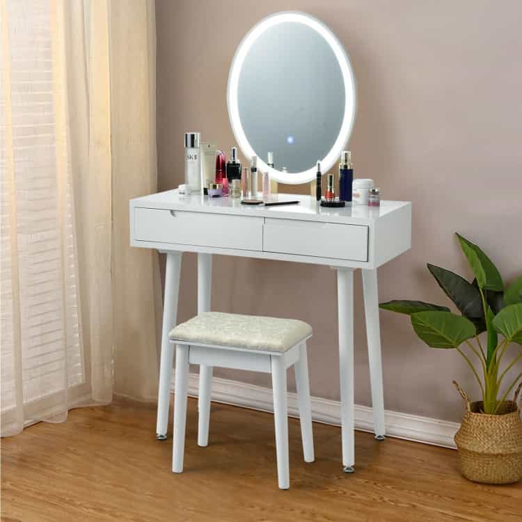Touch Screen Vanity Makeup Table Stool Set With Lighted Mirror-White