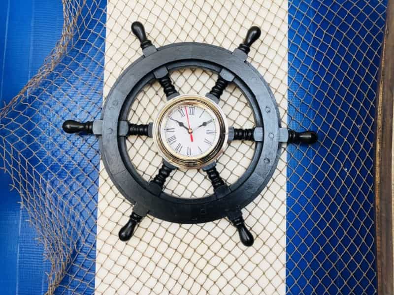 Deluxe Class Wood And Chrome Pirate Ship Wheel Clock 18"