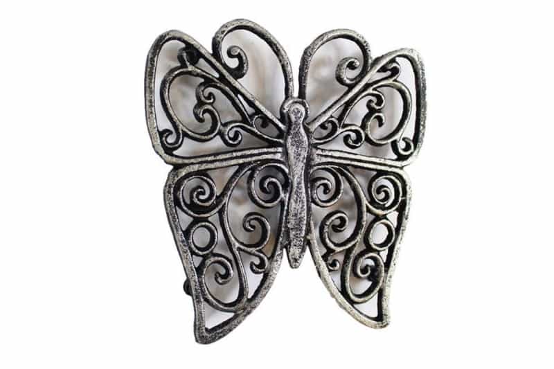 Rustic Silver Cast Iron Butterfly Trivet 8"