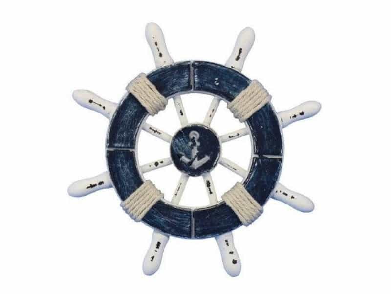 Rustic Dark Blue And White Decorative Ship Wheel With Anchor 6"