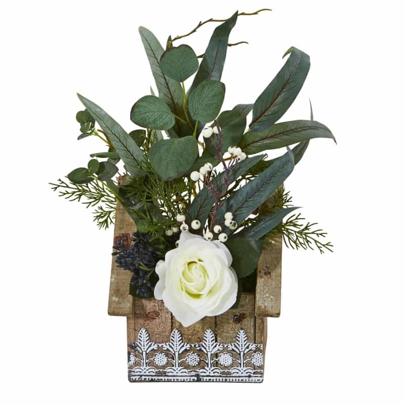 16” Rose And Eucalyptus Artificial Arrangement In Hanging Floral Design House Planter