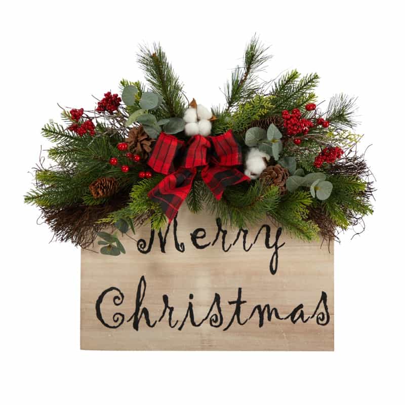 20” Holiday Merry Christmas Door Wall Hanger With Pinecones And Berries Gingham Plaid Bow