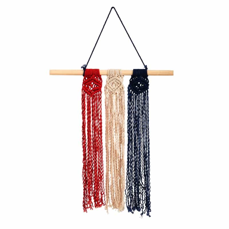 14” X 24” Red White And Blue “Americana” Macrame Wall Hanging Art Decor