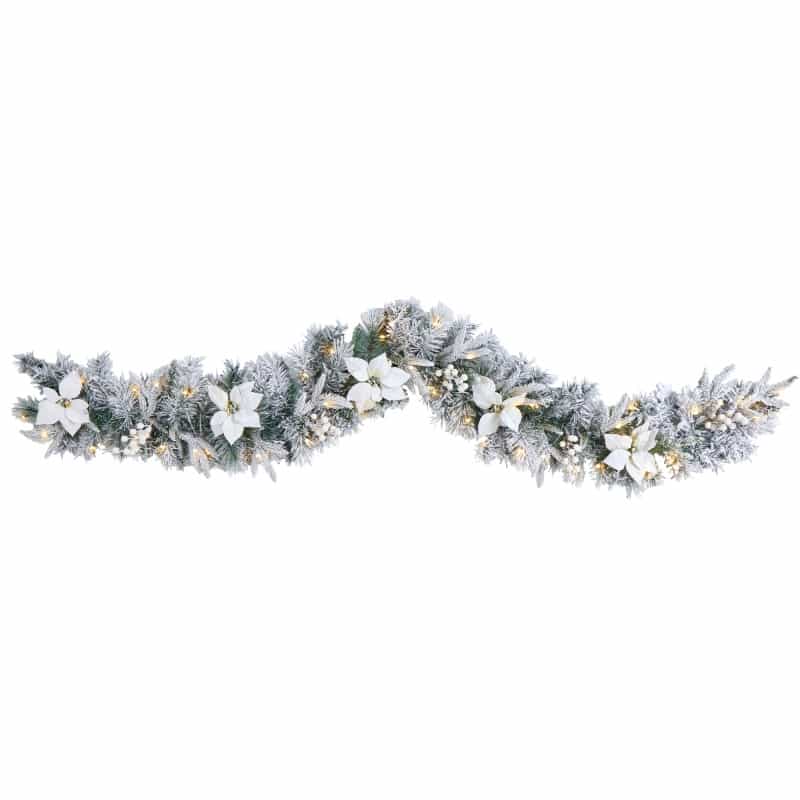 6’ Flocked Poinsettia And Berry Artificial Christmas Garland With 50 Warm White Led Lights