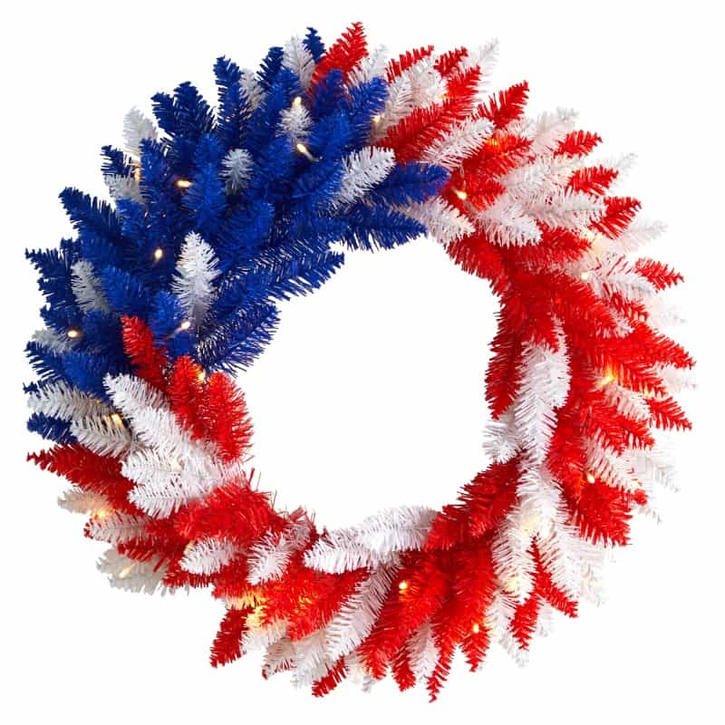 24” Patriotic Red, White And Blue “Americana” Wreath With 35 Warm Led Lights