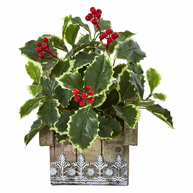 12” Variegated Holly Leaf Artificial Plant In Hanging Floral Design House Planter (Real Touch)