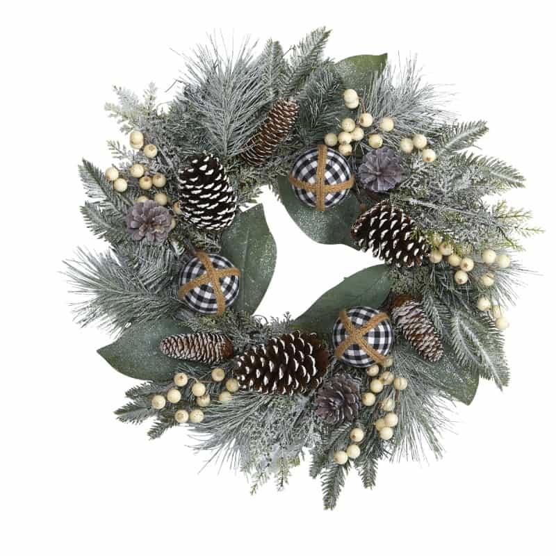 24” Snow Tipped Holiday Artificial Wreath With Berries, Pine Cones And Ornaments